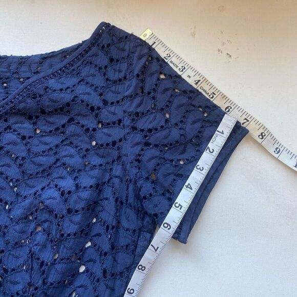 Rare Vintage Navy Blue Eyelet Lace Midi Dress Short Sleeve 50s Fit & Flare Women - Picture 5 of 12